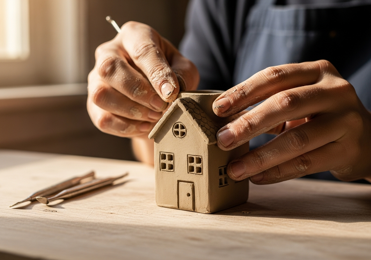 Руки мастера лепят миниатюрный домик из глины